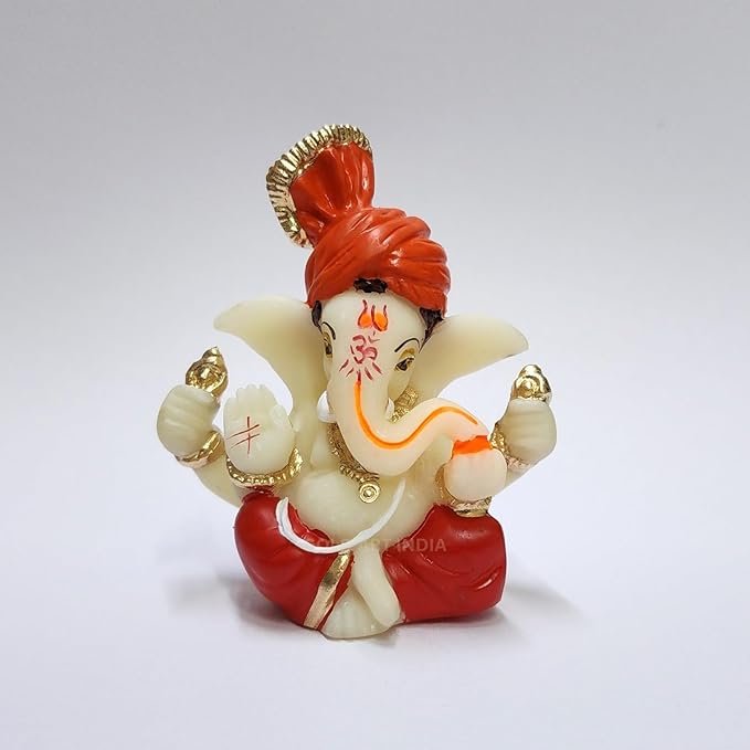 Lord Ganesha Idol for Car Dashboard, Home, Office | Handcrafted Ganesh Murti (2 x 2.5 inch, Red & Orange)