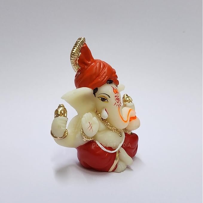 Lord Ganesha Idol for Car Dashboard, Home, Office | Handcrafted Ganesh Murti (2 x 2.5 inch, Red & Orange)